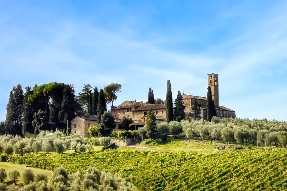 Charming Tuscany village with olive groves and rustic farmhouse under a clear blue sky.